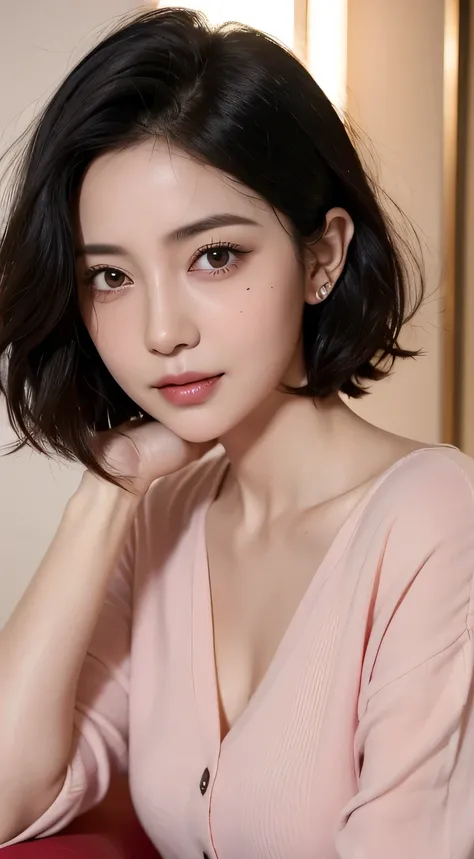 Amazing portrait of a young mature woman with short wavy hair black hair with a fascinated and a surprised expression wearing a pink blouse with a mature face whos experiencing orgasm during night time with soft lighting highlighting her heart pupils as sh...