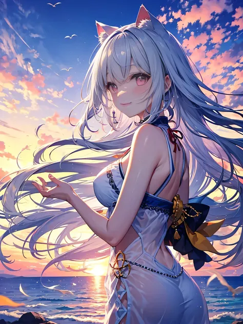 Highly detailed face, water effects、Light effects,medium breasts,pretty girl,smile,Cat ear,Beautiful silver hair,Pink inside,Beautiful pink eyes ,an orange、pink there、Yellow blends to fill the sky、The sunset over the beach is truly mesmerizing。The crystal ...