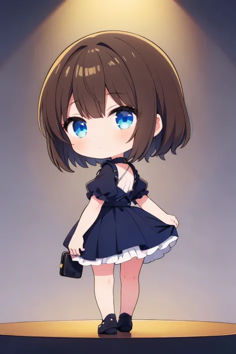 1girl,chibi, brown hair, short hair, all yellow dress,black, skirt, blue eyes