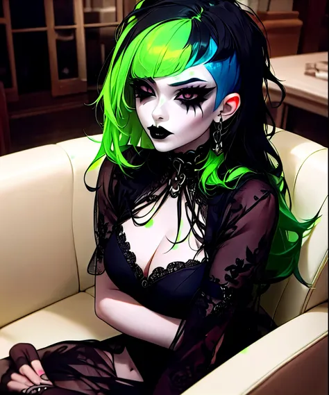 bce, 1girl, green hair, black eyes, asymmetrical hair, living room, sitting, goth, goth makeup, smoky eyes, eyeshadow, eyeliner,...