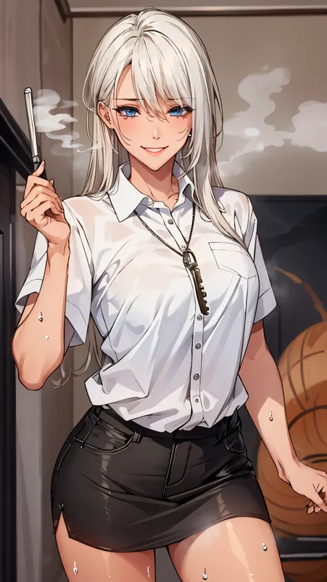 masterpiece, Superior Quality, High resolution, masterpiece, One adult woman, Wicked Smile, Wicked Smile, Evil plan, Brown fur, Black and white outfit , Long Hair, Get the Eyes, mini skirt, Rooms in the house, Holding the key in hand、(((steam,sweat))),Vulg...