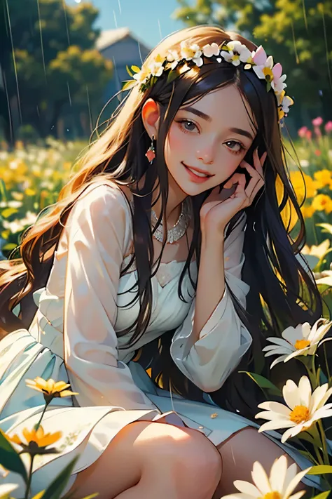 creat a very beautiful young woman a flower girl is she, I saw her sitting in the rain Raindrops falling on her She didnt seem to care She sat there and smiled at me And I knew (I knew, I knew, I knew, I knew) She could make me happy (happy, happy) Flowers...