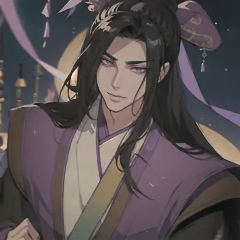 (masterpiece, best quality:1.2), 1male, solo, jiang cheng, mo dao zu shi, mdzs, purple and black clothes, purple eyes, long black hair, perfect anatomy