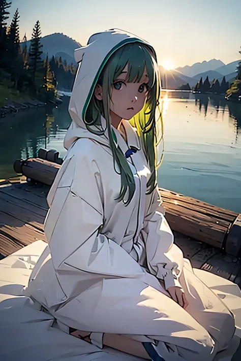 high quality、Detailed Description、One Girl、Green Hair、Long Hair、White hood、Blue Eyes、White habit、holding a cross、prayer、Christian、Lake in the background、Lake Suwa in the background