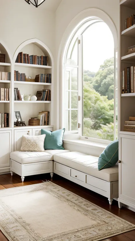 Imagine a serene reading nook nestled in a cozy corner of a bright, airy room. The space is bathed in natural light streaming through a large, arched window that offers a picturesque view of the lush greenery outside. The walls and built-in shelves are pai...