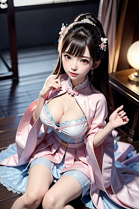 a princess 8 yeald old cute Hanfu  dynasty open V-chested clothes royal, All pictures, Wet body of thin silk fabric, Thin silk lace petticoat,princess 8 yeald old cute, (huge ，cleavage),petticoat, white pink, blue ，best qualtiy，tmasterpiece，Ultra-high reso...