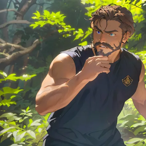 young man, black shirt, brown hair, blue eyes, mustache and beard, standing in the woods, in a fighting stance, against the backdrop of trees, in the jungle, mid-shot of a hunky, detailed surroundings, in an action pose, Mappa style, Demon Slayer swordman,...