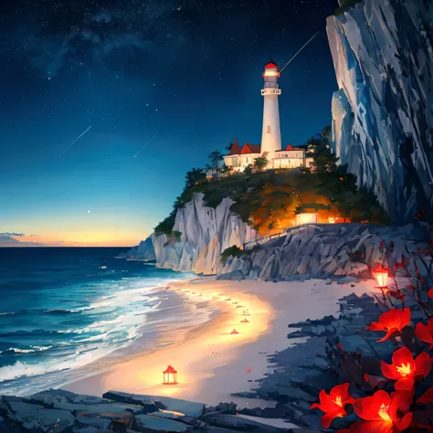 Seaside at night，Long shot，In the distance are the starry sky and the islands，There is glowing sea water in the lower right corner of the picture，There is a lighthouse on the seaside，Glowing red flowers floating on the sea、petal，Clear edge glow rendering，S...