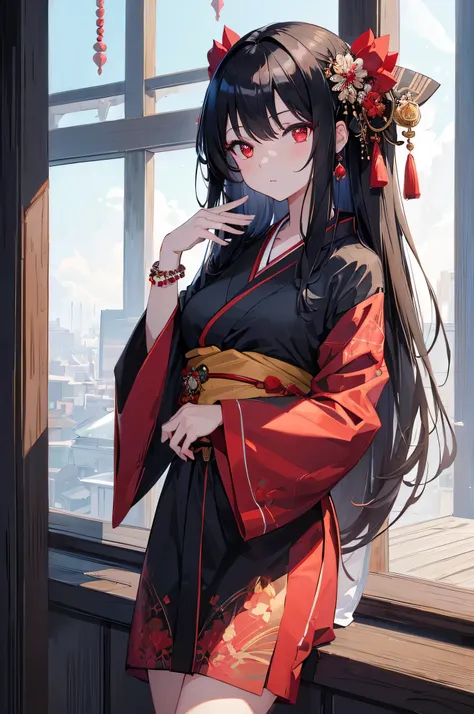 ((masterpiece)), ((Highest quality)), ((High resolution)), ((In detail))、Anime style girl、Black Hair、Long straight hairstyle、Black kimono、Red eyes、Sharp Eyes、Cold expression、beautiful、Prayer bead bracelet