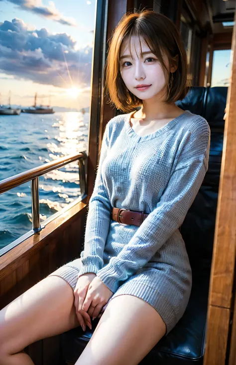 The sky turns red、Laugh out loud、Woman standing on a boat、Light brown hair、Elegant hairstyle、Blue Eyed Woman、A woman with a cute upward gaze、When the sky gets dark、The gentle light of the ship shines、The sky turns red as the sun sets、Tight clothing that sh...