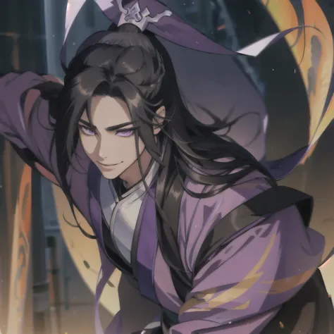 (masterpiece, best quality:1.2), 1male, solo, jiang cheng, mo dao zu shi, mdzs, purple and black clothes, purple eyes, long black hair, perfect anatomy, happy, smile