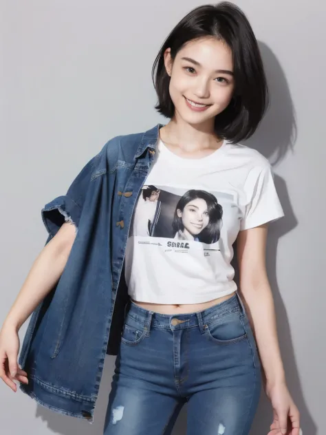 249 (An 18-year-old female and an 18-year-old male), (short hair),kind, lipstick, (Jeans andＴshirt), smile