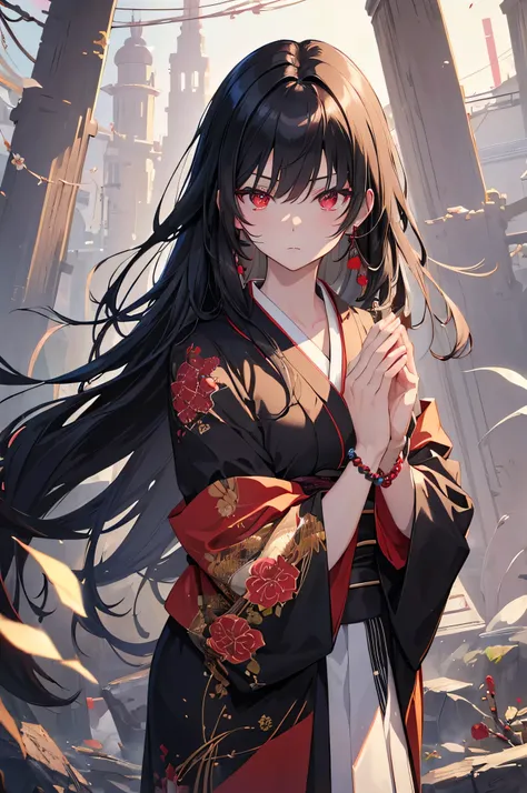 ((masterpiece)), ((Highest quality)), ((High resolution)), ((In detail))、Anime style girl、Black Hair、Long straight hairstyle、(Black kimono)、Red eyes、Sharp Eyes、Cold expression、beautiful、Prayer bead bracelet
