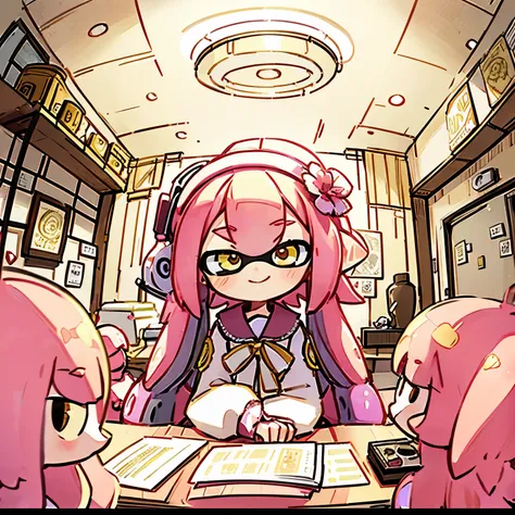 masterpiece、Highest quality、High resolution、Inside the room、Wide angle、Fisheye Lens、Splatoon Girl、Golden Eyes、Pink tentacle hair、smile、Beautiful depiction of girls、sitting in a chair facing a desk、Cute room、There are lots of flowers、Put a gun on the wall、L...