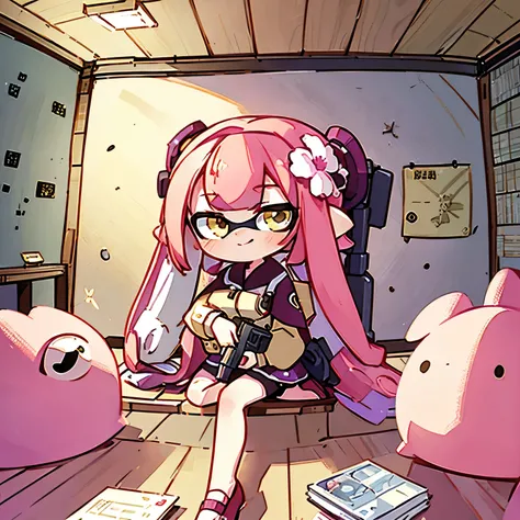 masterpiece、Highest quality、High resolution、Inside the room、Wide angle、Fisheye Lens、Splatoon Girl、Golden Eyes、Pink tentacle hair、smile、Beautiful depiction of girls、sitting in a chair facing a desk、Cute room、There are lots of flowers、Put a gun on the wall、L...