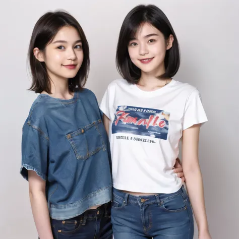 249 (An 18-year-old female and an 18-year-old male), (short hair),kind, lipstick, (Jeans andＴshirt), smile