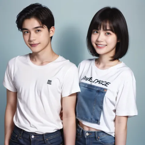 249 (An 18-year-old female and an 18-year-old male), (short hair),kind, lipstick, (Jeans andＴshirt), smile