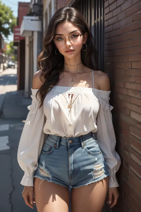 captivating visual representation of a gorgeous young woman in an off-shoulder shirt and jeans shorts

emphasize her toned physi...