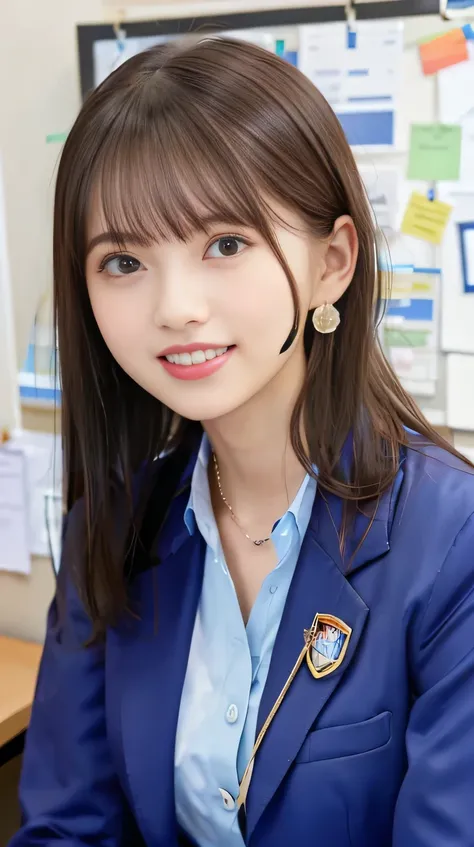 Highest quality:1.2), RAW Photos, High resolution, Very detailed, Intricate details, short hair、ear piercing、smile、Emphasis on teeth、、Brown Hair、 (Front view, ), Clear beauty, (High quality fabric, Office Lady Suits 、Jacket、Unbuttoned shirt、Necklace around...