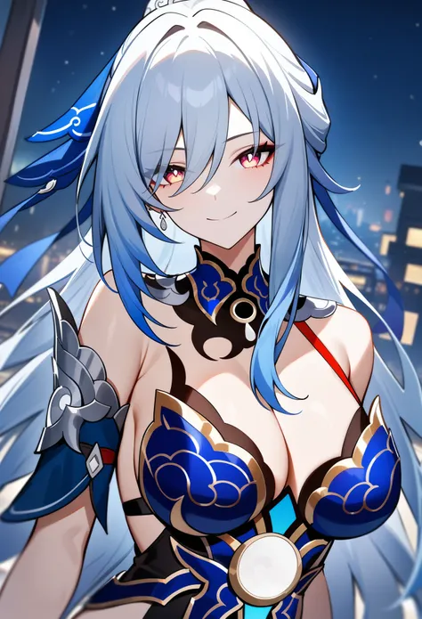 masterpiece, best quality, very aesthetic, absurdres, 1girl, jingliu(honkai: star rail), honkai: star rail, looking at viewer, upper body, bangs, eyebrows, huge breasts, revealing clothes, plunging necklike, standing, smile, night city