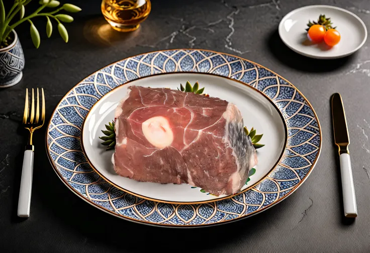 A succulent piece of meat is elegantly arranged on an exquisite white porcelain plate,  The plate features delicate patterns that add a touch of sophistication to the presentation，Fahua porcelain plate，Close-up of details，Well-made porcelain plate，The porc...