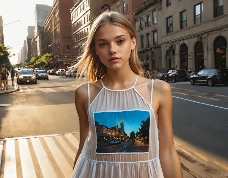 a beautiful young girl in a transparent white summer dress on a street in a large city, hyper realistic, masterpiece, best quali...