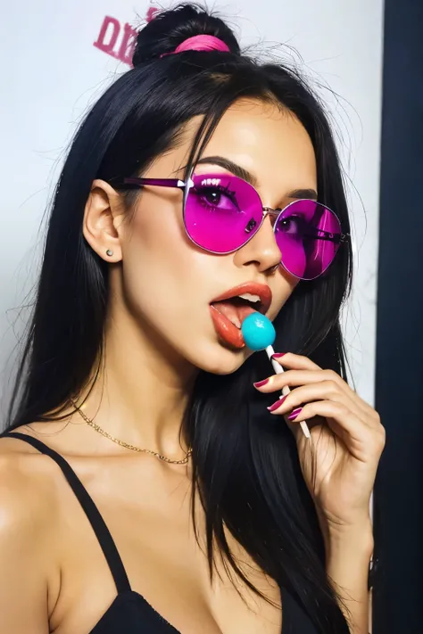 (masterpiece, best quality:1.2), 1girl, solo, high quality raw photograph of a young goth girl, licking a black lollipop,  tongue out, vibrant neon colors, cool sunglasses, silhouette, looking at viewer, lofi, UHD, accurate, textured skin, super detail, hi...