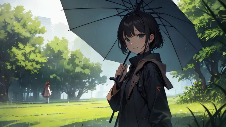 rain, grassland, refreshing, Girl stabbing an umbrella, Girl looking to the side, Little smiling girl