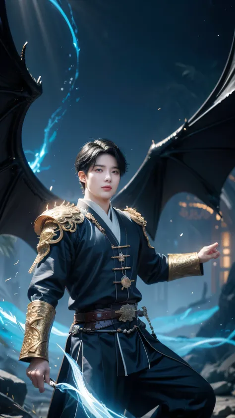 This is a carefully designed fantasy portrait，Depicts a man of great stature、Strong-willed、A seventeen-year-old boy with spiritual energy, A huge bright blue light appeared behind him., Shiny black hair, Dragons and phoenixes fly, Golden Light, Chinese mar...