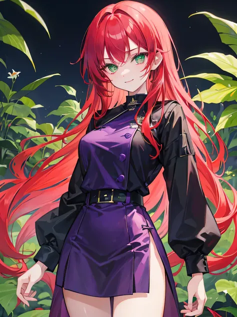 girl, green eyes, long red hair, she hair wavy. wear purple black uniform, arogant, independent woman, thug. bad girl. itimidating women. kind smile. background in white lily garden.