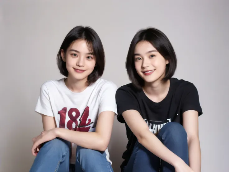 249 (An 18-year-old female and an 18-year-old male), (short hair),kind, lipstick, (Jeans andＴshirt), smile