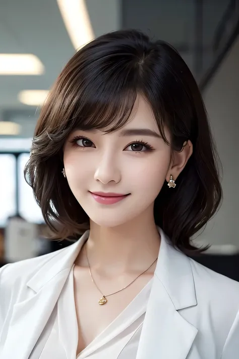 Beautiful young woman、、 Intricate details, short hair、Wavy Hair、ear piercing、Closed Mouth Smile、、Black Hair、 Clear beauty, (High quality fabric, Office Lady Suits 、Jacket、Unbuttoned shirt、Necklace around the neck、Dark eyeliner、 The background is the office...