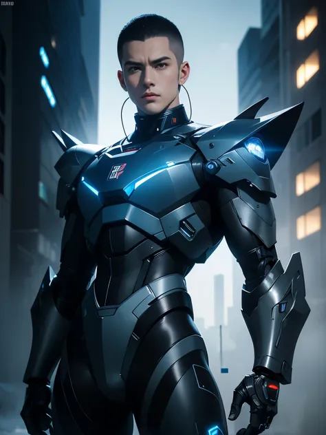 a handsome anime man, buzz cut hair, wearing a black mecha suit, advanced headphones, armored thighs, in a futuristic city, cinematic lighting, highly detailed, intricate mechanical design, glowing blue accents, dynamic pose, volumetric fog, dramatic camer...