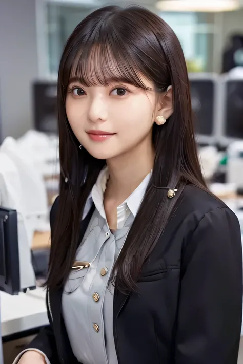 Beautiful young woman、、 Intricate details, ear piercing、Closed Mouth Smile、、Black Hair、 Clear beauty, (High quality fabric, Office Lady Suits 、Jacket、Unbuttoned shirt、Necklace around the neck、Dark eyeliner、 The background is the office
