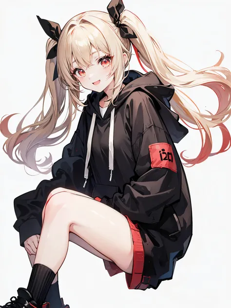 One girl in anime、Beige hair、Eye color red、Twin tails、Simple hair ribbon、Black large hoodie、Shorts、Background white、Simple background、smile、Hands in pockets