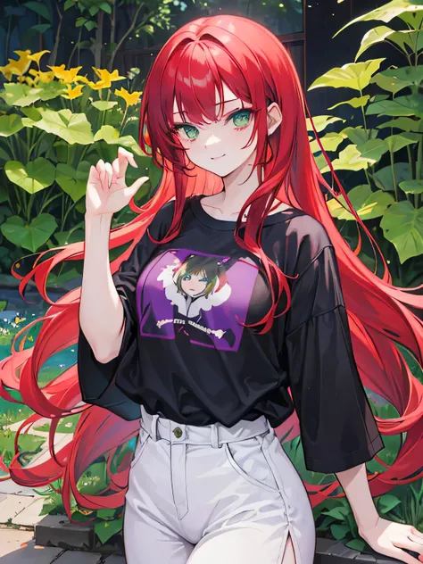 girl, green eyes, long red hair, she hair wavy. wear purple black t shirt, arogant, independent woman, thug. bad girl. itimidating women. kind smile. background in white lily garden.