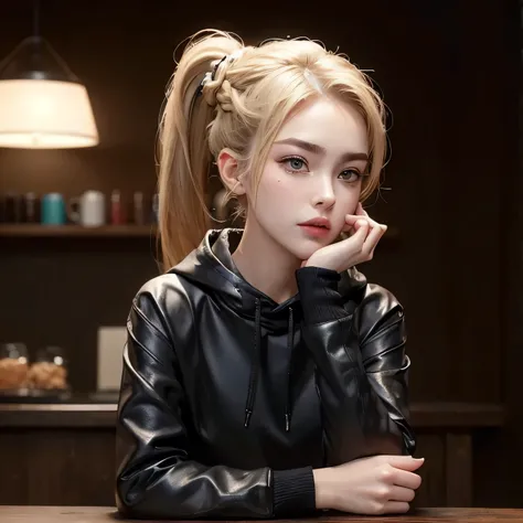 Hyperrealistic 20-year-old woman, sharp nose, looks beautiful and authoritative, fair skin, blonde hair (((ponytail hairstyle )))), and wearing a black hooded jacket. body position facing the camera with hands in ready position, facial details (((sharp nos...