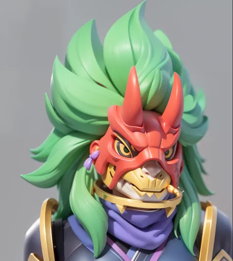 (Eyelid tiger assassin, Japanese red horned mask, green flowing hair, (green hair) purple clothes with metal decorations, metal patterns and pendants on the body, exquisite) bust, fine, European and American cartoons, lighting, clear structure (8K, best qu...