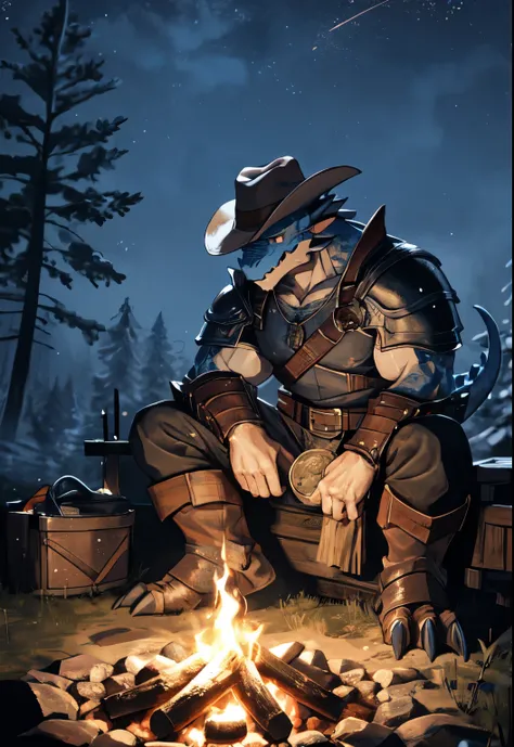 solo, kemono, (dragon), anthro, male, ((black body)), scales, tail, muscles, handsome, armor, cowboy hat,  medieval, fantasy, outdoors, outside, dark, night, forest, campfire, camp, stars, sitting, toe claws, epic, depth of field, perfect lighting, (light ...