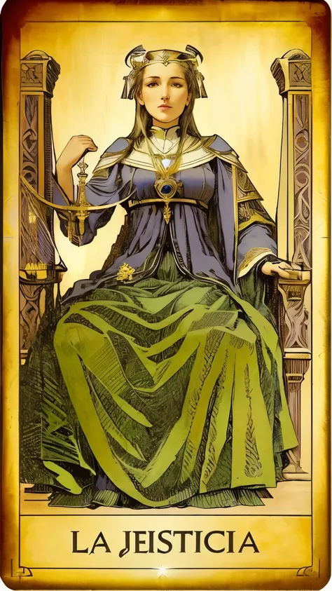 a photo of a woman sitting in a chair with a harp, the justice tarot card, old-fashioned tarot card, high priestess tarot card, the high priestess, tarot style, high priestess, as a tarot card, tarot card style, tarot card, tarot card the empress, tarot la...