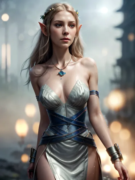 Waist shot of female elf, convoluted, slim face, elegant, wearing a sapphire necklace, white light dress with straps, facing the camera, very detailed, digital painting, art station, concept art, smooth, sharp focus, illustration, Artgerm and Greg Rutkowsk...