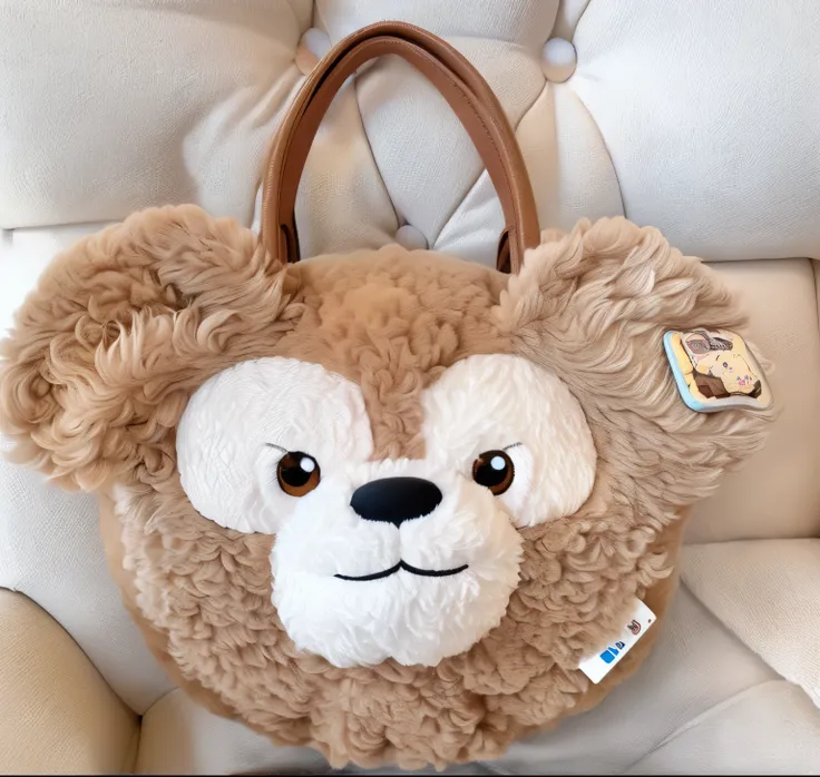 there is a duffy bear bag with a brown handle on a chair, by disney, fluffy ebay product, disney!!, disney stylized furry, bag, cute:2, soft!!, big disney eyes, fluffy!!!, by Gusukuma Seihō, detailed!!, by Tadashi Nakayama, myazaki, fluffy, plush furnishin...