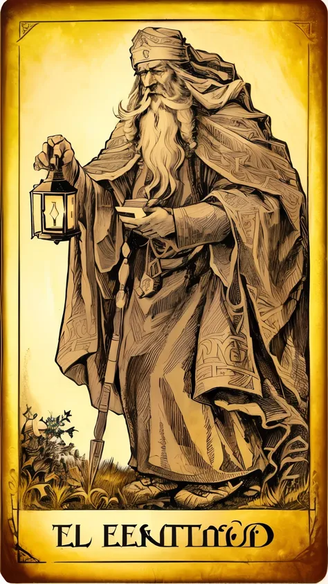 a drawing of a man with a long beard holding a lantern, tarot card the hermit, Old fashioned tarot card, The magician tarot card, hermes trismegistus, like tarot card, tarot card characters, The Fool Tarot Card, the emperor tarot card, Orthodox saint, a dr...