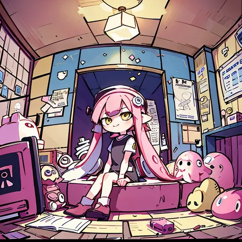 masterpiece、Highest quality、High resolution、Inside the room、large room、American style room、Wide angle、Fisheye Lens、Splatoon Girl、Golden Eyes、Pink tentacle hair、smile、Beautiful depiction of girls、sitting in a chair facing a desk、Cute room、There are lots of ...