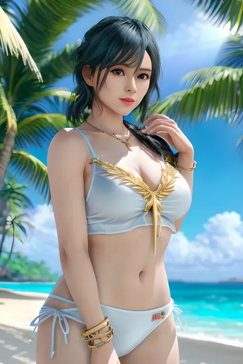 1girl,wearing a stylish white swimsuit. The outfit consists of a cross-neck top and a high-waisted bottom with sheer fabric and gold embellishments.  a white sheet on the beach with a clear blue sea and sky in the background, surrounded by lush greenery an...