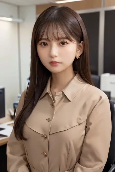 Young woman、、 Intricate details, 、ear piercing、looking at the camera、Expressionless、Brown Hair、 Clear beauty, (High quality fabric, Office Lady Suits 、Jacket、Unbuttoned shirt、Necklace around the neck、Dark eyeliner、 The background is the office