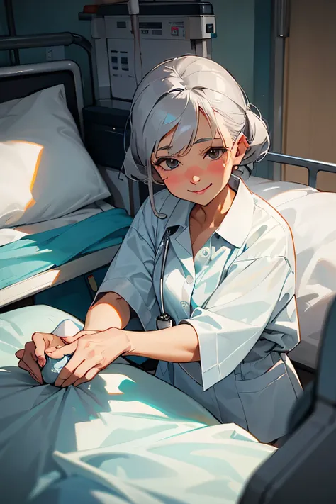 50s age, old, middle-aged woman, some grey hair, hospital patient, face crinkles, one the hospital bed, smile serenely, hospital room, peaceful, laying on the bed, hospital clothes