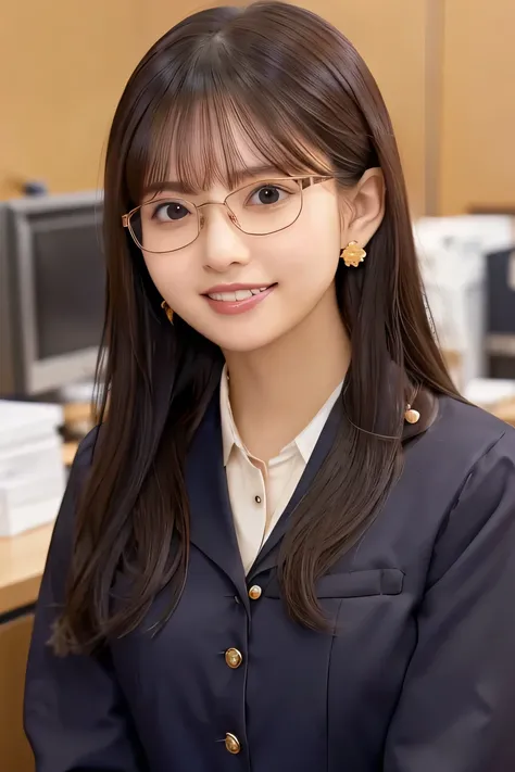 Intricate details, 、ear piercing、looking at the camera、、smile、Beautiful teeth alignment、Brown Hair、 Glasses、Clear beauty, (High quality fabric, Office Lady Suits 、Jacket、Unbuttoned shirt、Necklace around the neck、Dark eyeliner、 The background is the office