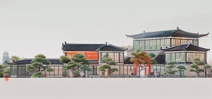 Highest quality，Chinese Ink Painting，antiquity,Urban antiquity architecture，Rectangular architecture，People view，Glass facades，Clean sky，Clean glass，Trees，Soft sunlight，Decorative Arts，Sloped roof，Best quality,Architectural Photography,Photorealism,Hyperre...