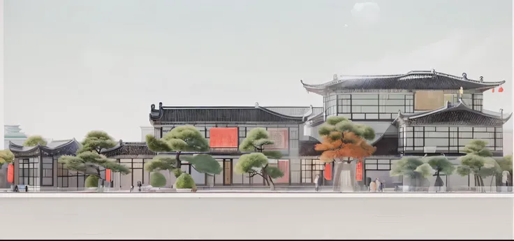Highest quality，Chinese Ink Painting，antiquity,Urban antiquity architecture，Rectangular architecture，People view，Glass facades，Clean sky，Clean glass，Trees，Soft sunlight，Decorative Arts，Sloped roof，Best quality,Architectural Photography,Photorealism,Hyperre...